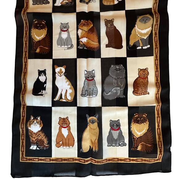 Unbranded Accessories - Cat Checkerboard Scarf Black Cream Brown Rectangle Novelty Whimsical Retro